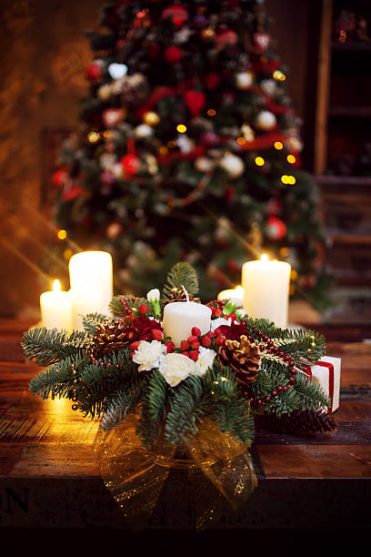 istock Fir branches decorated for the new year on dark wooden 497865688