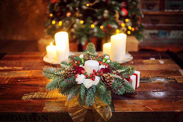 istock Fir branches decorated for the new year on dark wooden 497865700