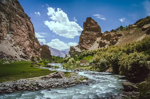 Small river or stream on a mountain trail in Karakorum in Pakistan, Skardu region