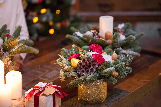 istock Fir branches decorated for the new year on dark wooden 497865846