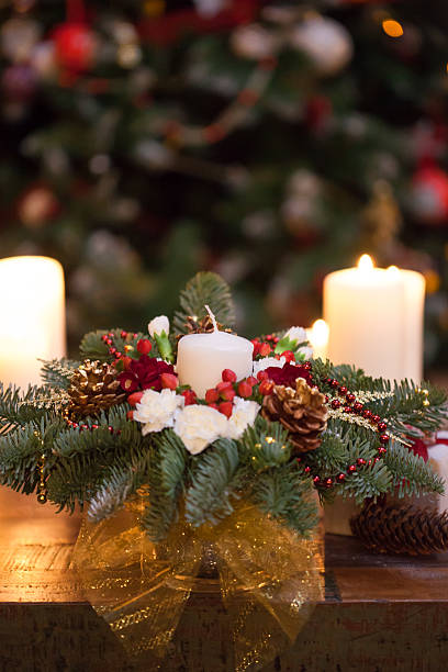 istock Fir branches decorated for the new year on dark wooden 497865880