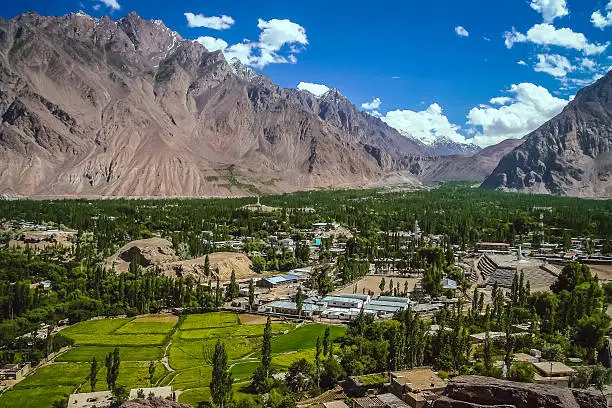 Beautiful green and fertile mountain valley in the Karakorum mountains in Pakistan, Skardu region