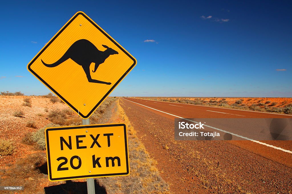 Australian road sign on the highway Kangaroos crossing. Australia Stock Photo