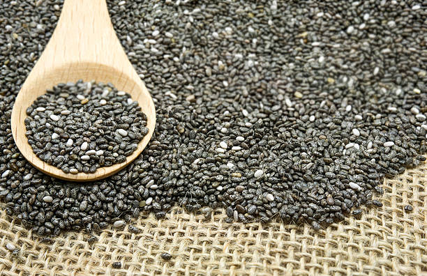 istock Chia seeds on wood spoon, selective focus 497867280