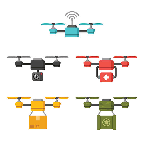Air drone uses Set of quadcopter aerial drones with different functions: surveillance, delivery, medical, military. Flat vector illustration. drone illustrations stock illustrations