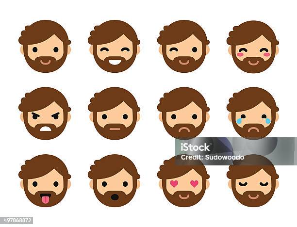 Ilustración de Linda Macho Plano Emoticons y más Vectores Libres de Derechos de Barba - Pelo facial - Barba - Pelo facial, Emoticono, Hombres