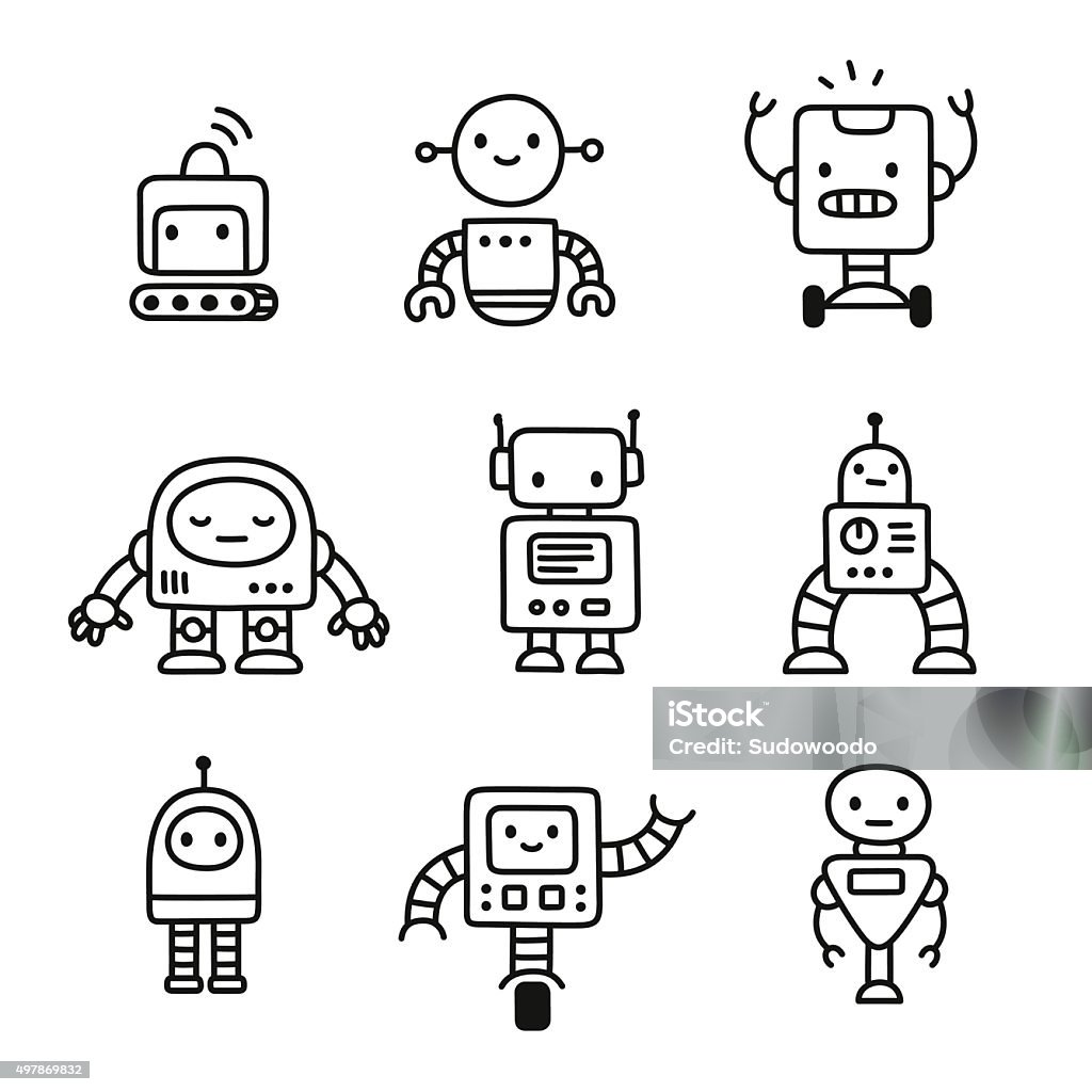 Cute cartoon robots Cute little cartoon robots set. Hand drawn doodle style line art. Isolated vector illustration. Robot stock vector
