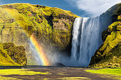Front View of Iconic Skogafoss Waterfall, South Iceland, Rainbow