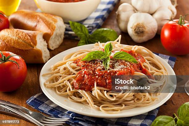 Homemade Spaghetti With Marinara Sauce Stock Photo - Download Image Now - Basil, Cheese, Crockery