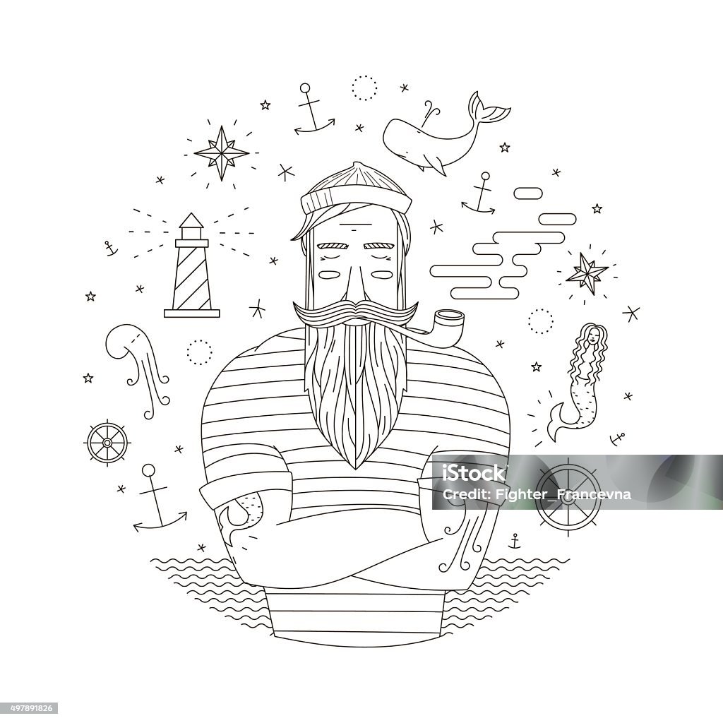 vector print with sailor Black and white illustration of a sailor in the style of an old tattoo. Print seaman with a pipe. Anchor illustrations, mermaid with moyakom Sailor stock vector