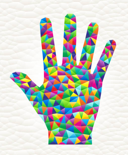 Human Palm on triangular pattern mosaic royalty free vector art. Colorful triangles form a mosaic design. This graphic design is set against a white triangular background. The pattern has a modern trendy look and the colors are bright. Icon download includes vector art and jpg file.