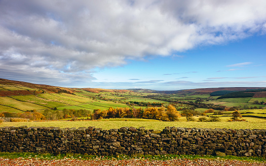Glaisdale, Yorkshire, UK. The North York Moors National Park with a view of the vale of Glaisdale and a dry stone wall with fields and trees near Glaisdale, Yorkshire, UK. This image was taken in autumn.