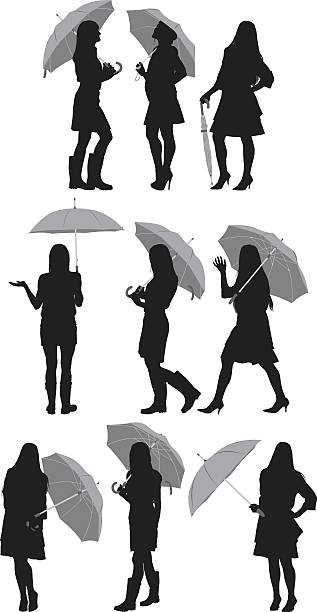 illustrations, cliparts, dessins animés et icônes de femme avec parapluie - shower silhouette women people