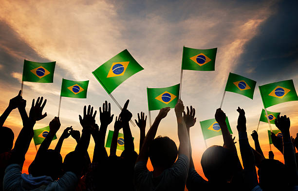 siluetas de personas sosteniendo la bandera de brasil - championship 2014 brazil brazilian fotografías e imágenes de stock