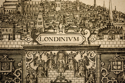 Old sepia pen and ink illustration showing the City of London  (C1604)