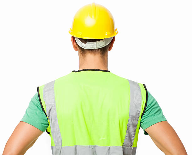 istock Rear View Of Construction Worker Wearing Reflective Clothing 497896907