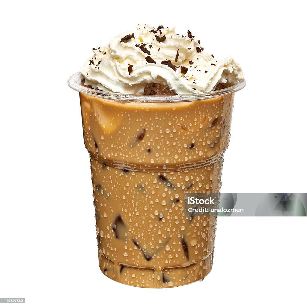 Iced coffee in takeaway cup Iced coffee in take away cup with cream on white background Iced Coffee Stock Photo