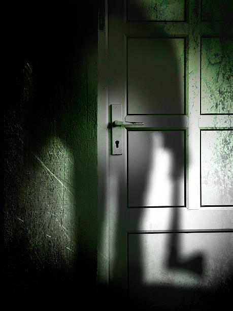 istock Killer with axe lurking in the darkness at the door 497899224