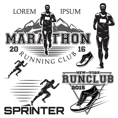 set of black and white sports emblems for the sprint and marathon