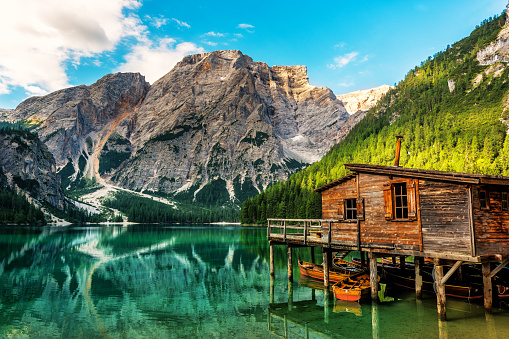 Boathouse at the Lago di Braies in Dolomiti Mountains - Italy, Europe