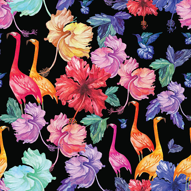 패턴 복고풍 원활한 워터컬러 열대의 꽃, 팜형 로세아 및 새를 - hibiscus pink flower botany stock illustrations