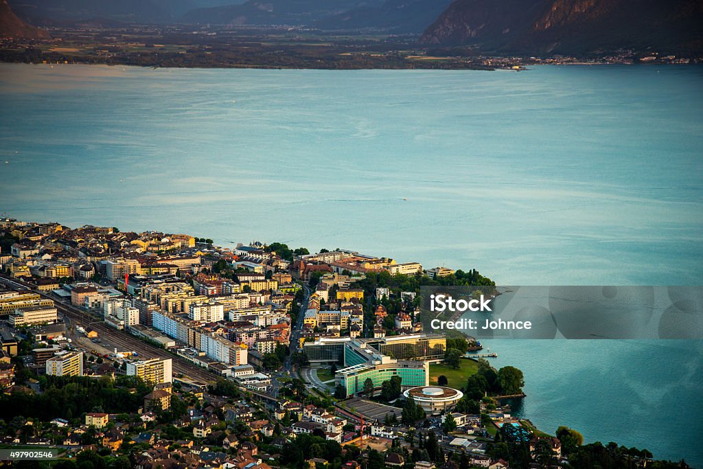 Geneva Lake coastline A beautiful view of Montreux besides Lake Geneva in the summertime. Geneva lake coastilne . Switzerland Vevey Stock Photo