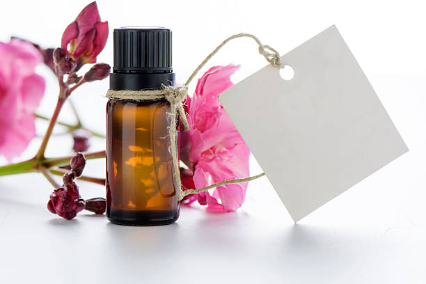 istock Essential oil, empty tags and roses flowers 497902990