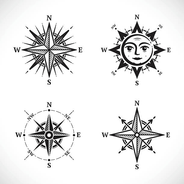 ilustraciones, imágenes clip art, dibujos animados e iconos de stock de brújula juego de - compass compass rose direction north