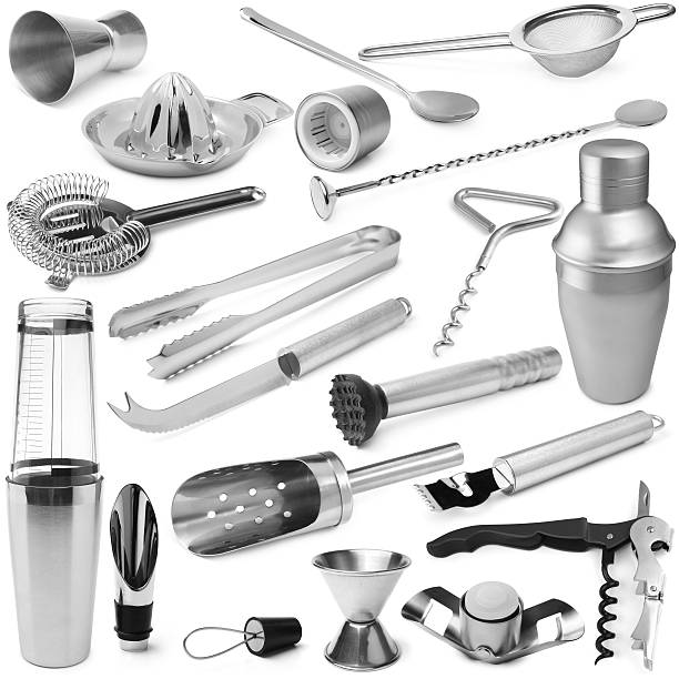conjunto de equipamento de barman - kitchen utensil instrument of measurement spoon isolated - fotografias e filmes do acervo