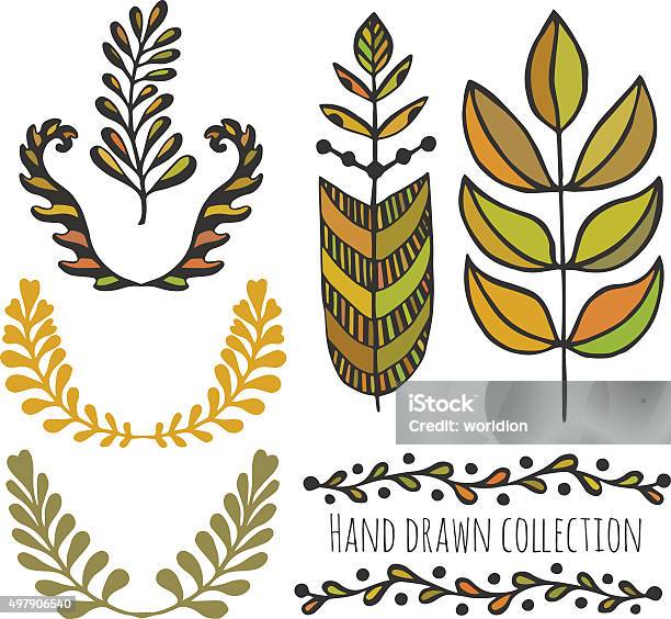 Ethnic Collection With Stylized Colorful Leaves Stock Illustration - Download Image Now - 2015, Autumn, Beige