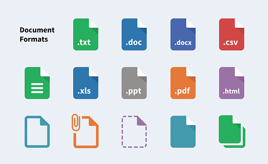 File Formats of Document icons. Isolated vector illustration.