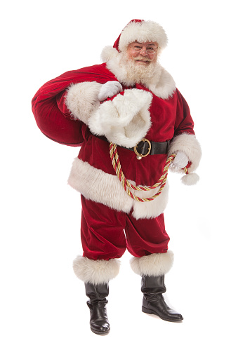 Real Santa Claus Pose Isolated On White Full body looking at Camera with Bag