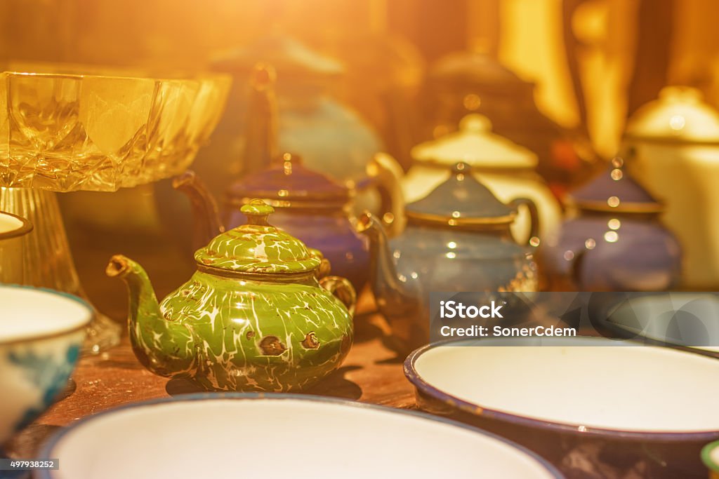 Image of traditional eastern teapot and teacups on wooden desk 2015 Stock Photo