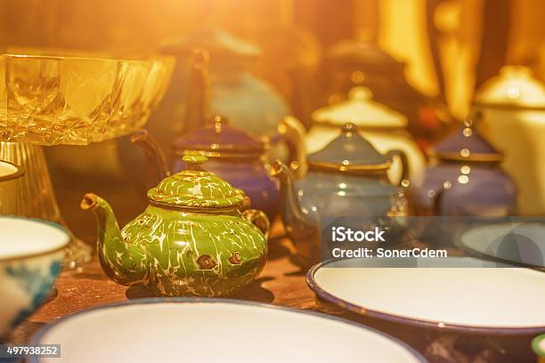 Image Of Traditional Eastern Teapot And Teacups On Wooden Desk Stock Photo - Download Image Now