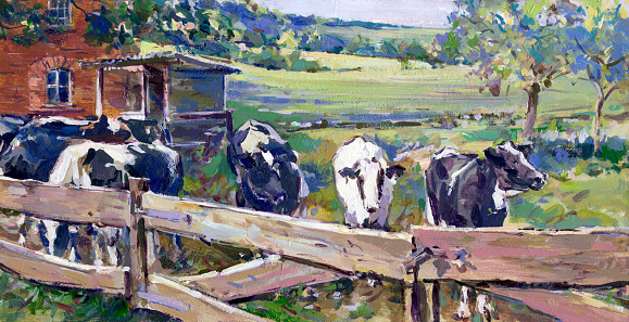 landscape with cows in lower saxony - hand painted acrylic paint sketch on board