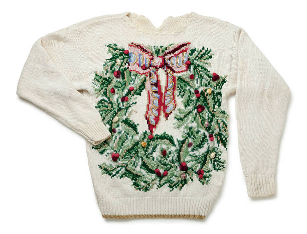 horrível camisola de natal isolado no branco - ugliness sweater kitsch holiday imagens e fotografias de stock