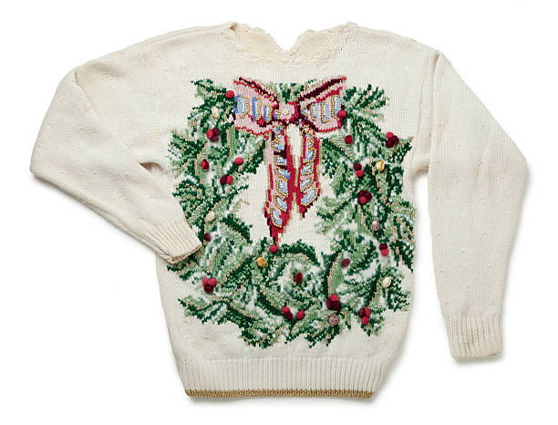 ужасное рождественский свитер изолированные на белом - ugliness sweater kitsch holiday стоковые фото и изображения