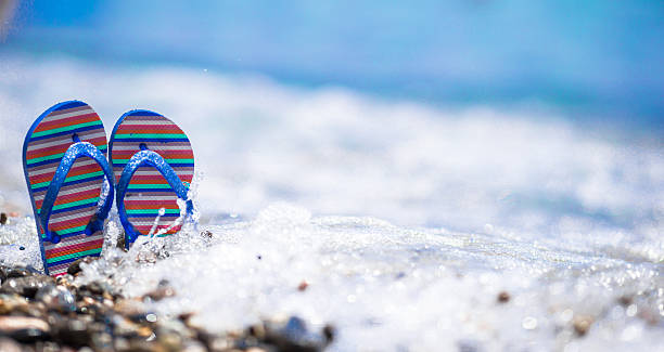 istock Blue flip flops on beach in front of the sea 497945214