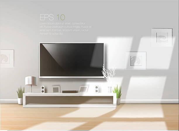 Beautiful bright vector room Living room with low shelf and flat TV on a bright sunny day. High quality realistic vector template wall of tvs stock illustrations