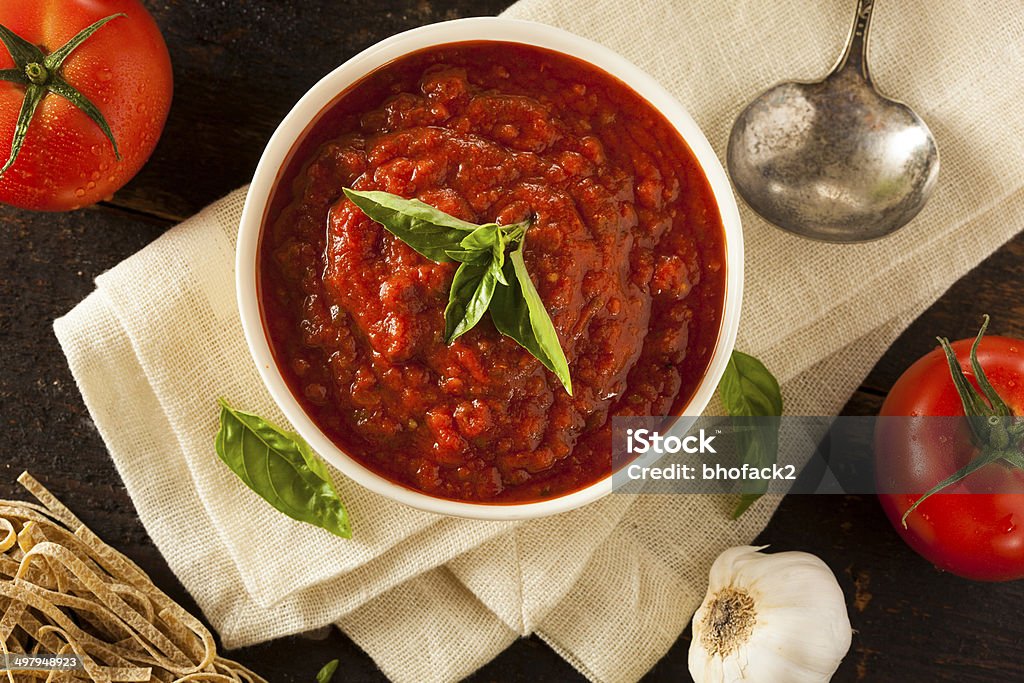 Homemade Red Italian Marinara Sauce Homemade Red Italian Marinara Sauce with Basil and Garlic Tomato Sauce Stock Photo