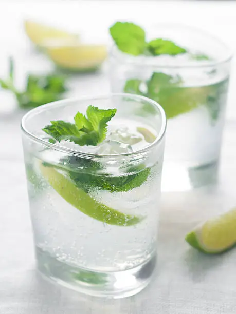 Cold fresh lemonade with lime and mint, selective focus