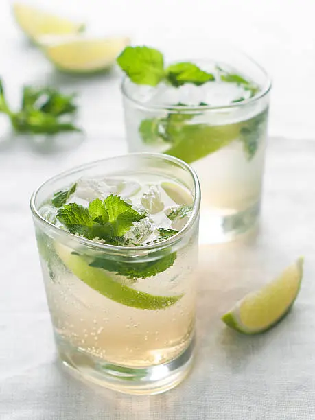 Cold fresh lemonade with lime and mint, selective focus