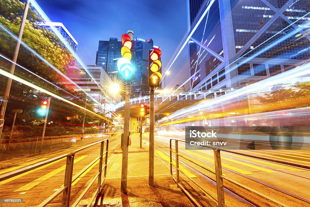 Traffic light in the city Hong Kong at Night, Asia Stoplight Stock Photo
