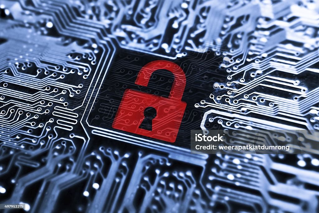 hacking computer system Hacked symbol on computer circuit board with open red padlock Threats Stock Photo
