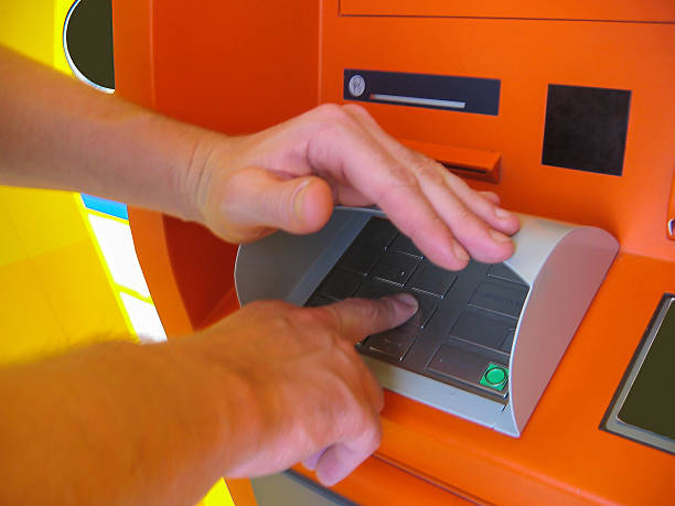 istock Male finger pressing pin entry in the atm machine 497958262