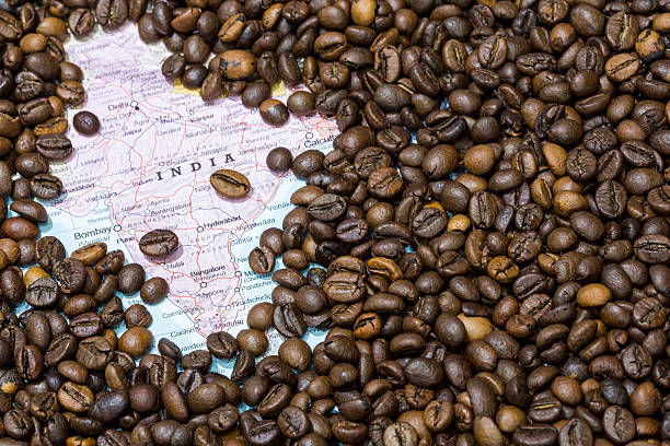 istock Map of India under a background of coffee beans 497958438