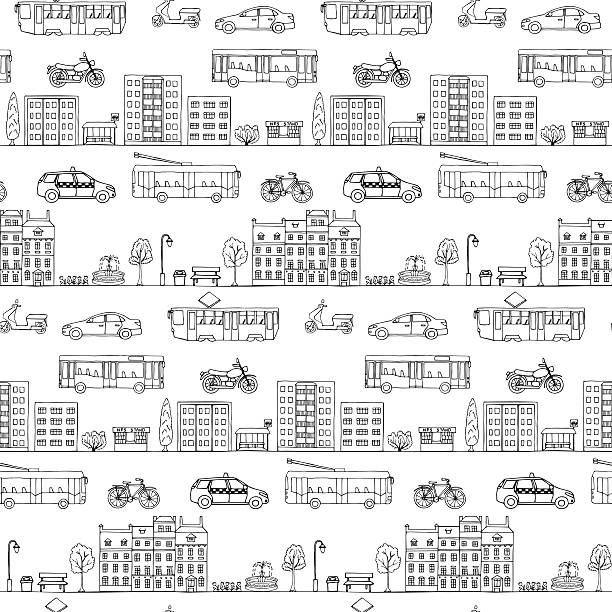 illustrazioni stock, clip art, cartoni animati e icone di tendenza di pattern senza bordi con disegno a mano di trasporto urbano - cable car illustrations