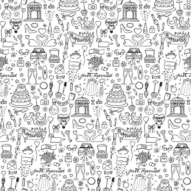 Seamless wedding hand drawn doodle pattern Vector illustration for backgrounds, cards, posters, invitations, web design, textile prints wedding symbols stock illustrations