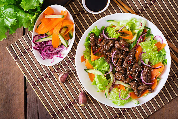 Salad with beef teriyaki Salad with beef teriyaki. Top view steak salad stock pictures, royalty-free photos & images