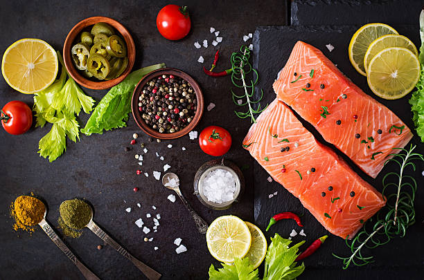 istock Raw salmon fillet and ingredients for cooking 497964676